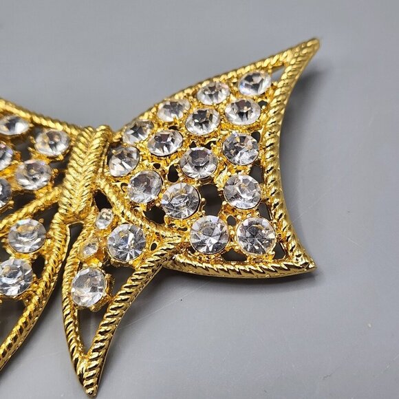 Flat Bow Brooch Pin Costume Jewelry Gold Tone Clear Stones Holiday Gift Xmas - Picture 4 of 11